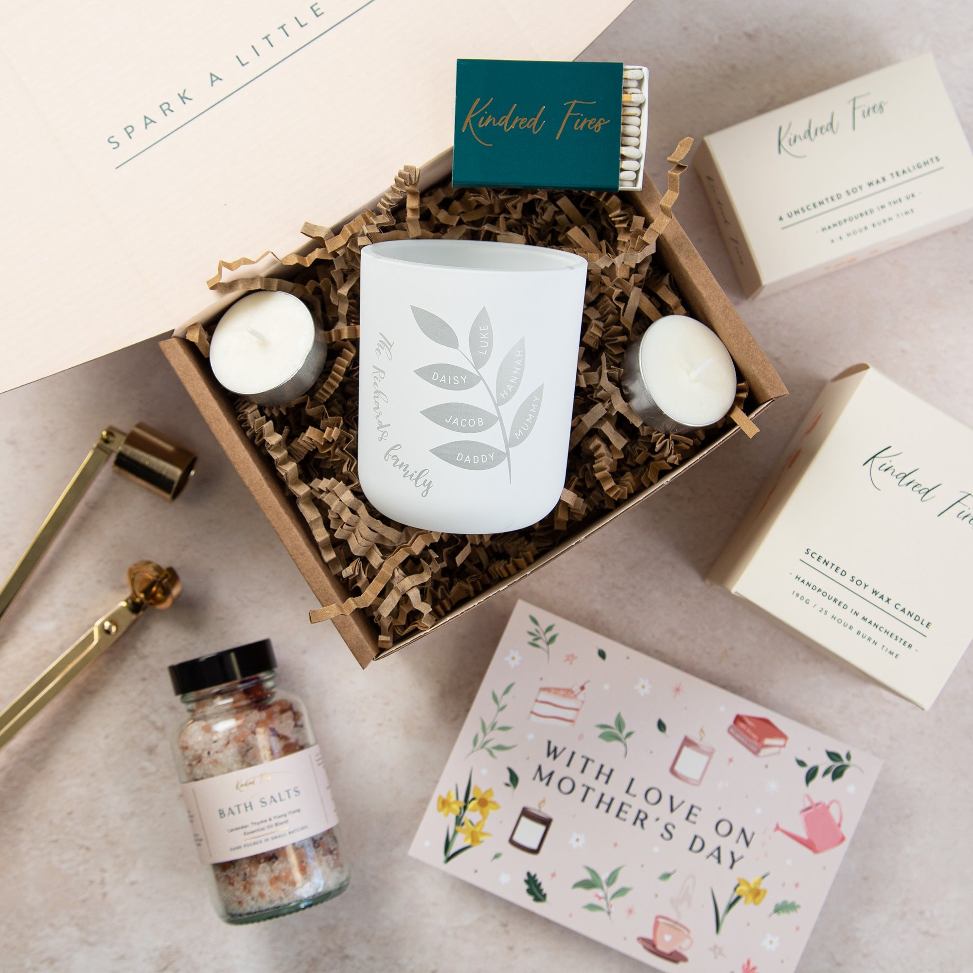 Mother's Day Gift Idea Tealight Holder Set with Candles, Bath Salts & Gold Trimmer in Luxury Box