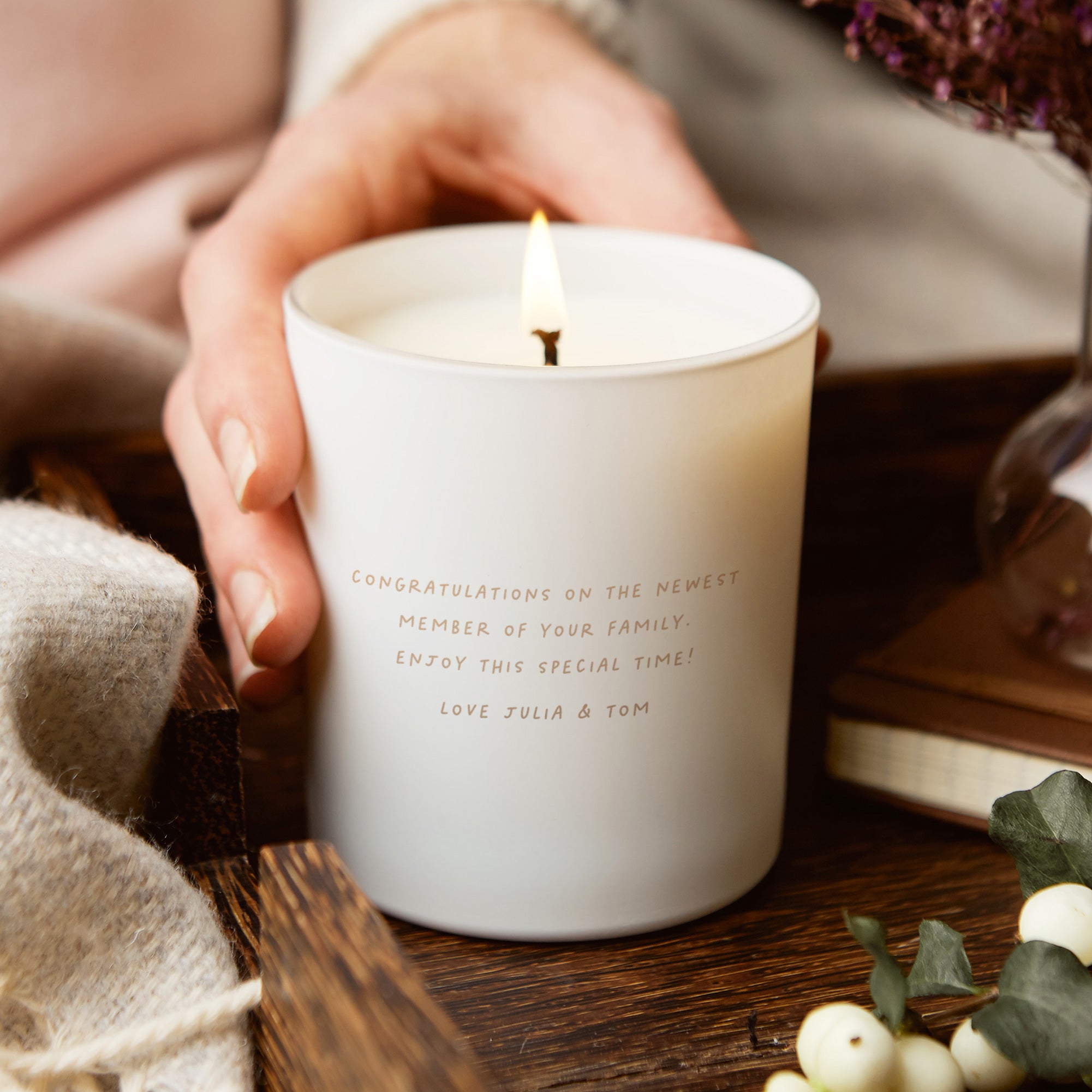 New Baby Gift Keepsake Candle for New Parents with Cute Animal Engraving in Luxury Box