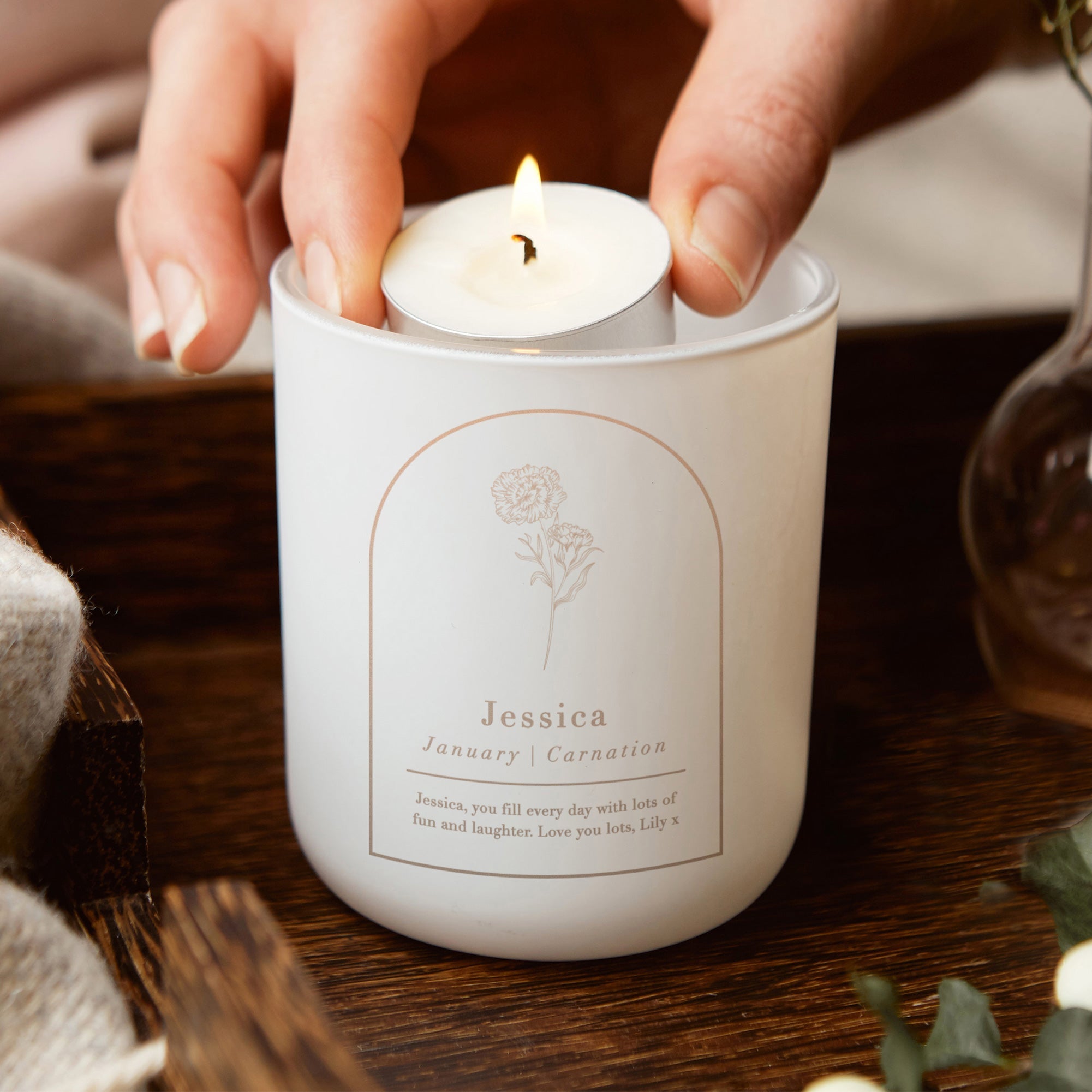 Birthday Gift for Her - Engraved Birth Flower Arch Tea Light Holder in Luxury Box