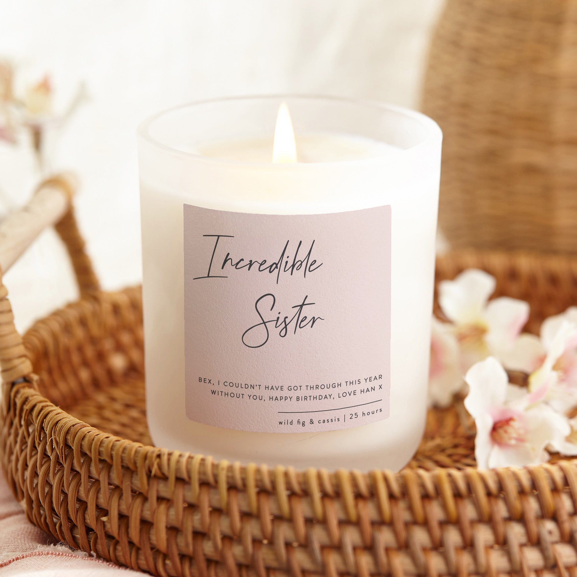 Sister Birthday Gift - Personalised Scented Candle with Muted Script in Luxury Box
