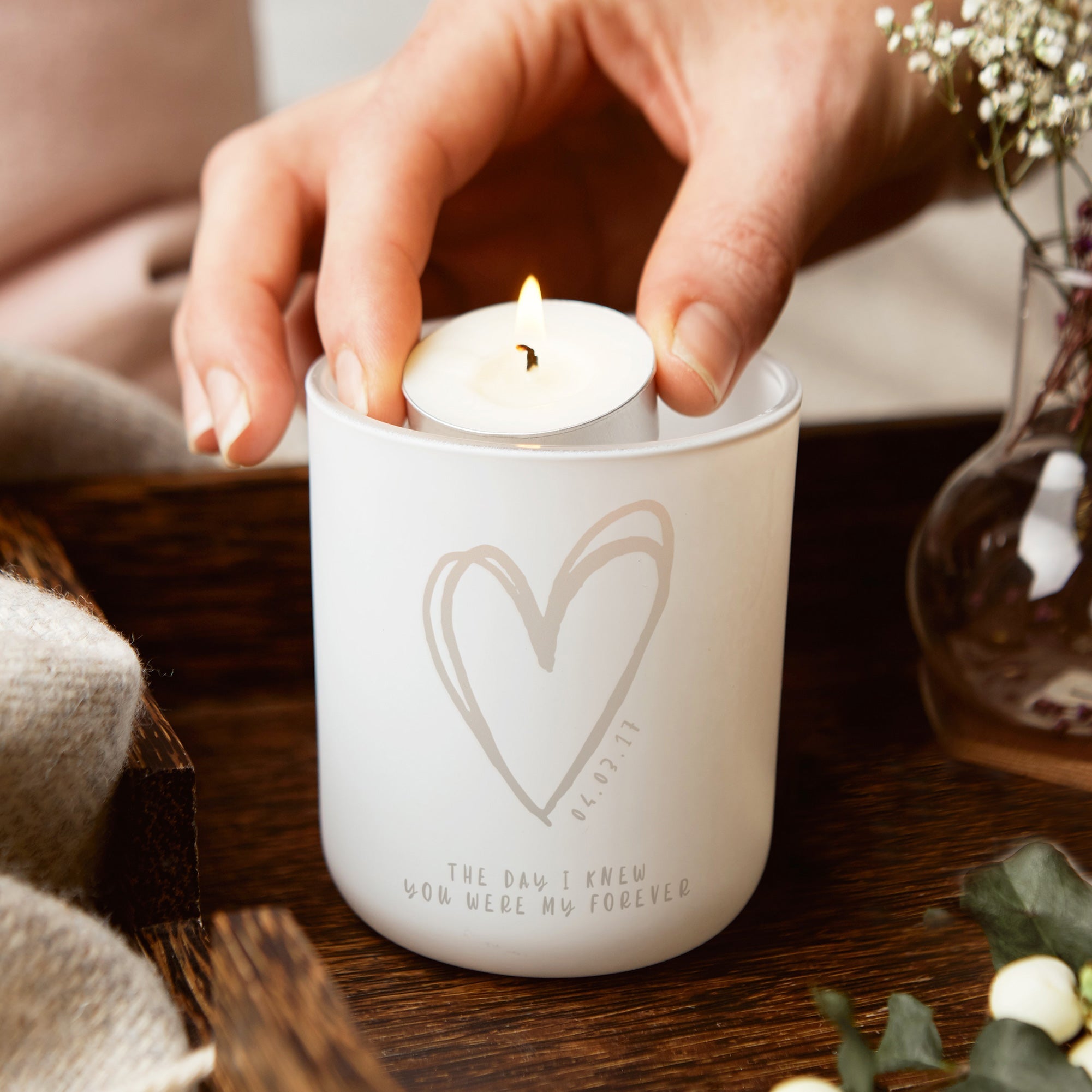 Anniversary Gift Special Date Love Heart Tealight Holder with Scented Candles in Luxury Box