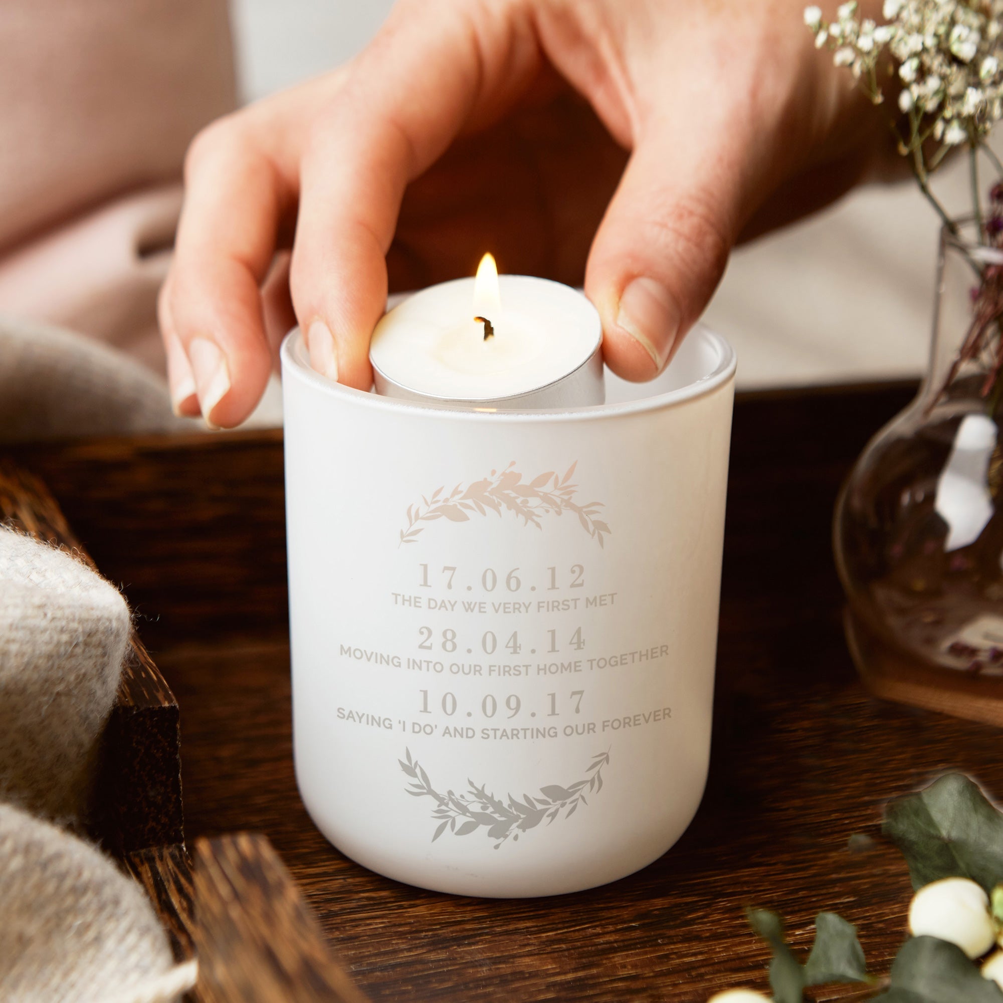 Anniversary Gift Special Dates Tea Light Holder with Scented Candles in Luxury Gift Box