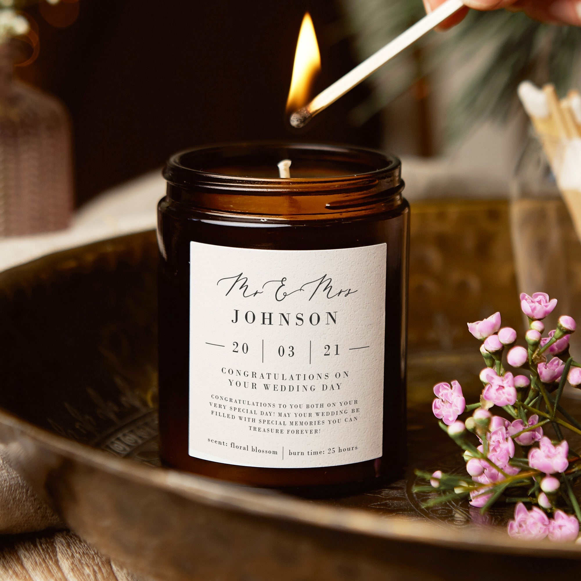 Wedding Gift Scented Soy Candle Personalized with Names & Date, Luxury Gift-Ready Box