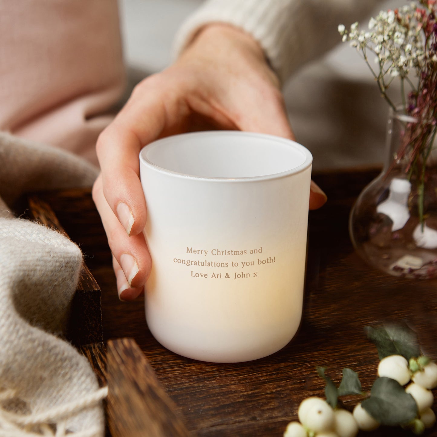 Christmas Engagement Gift Personalised Tea Light Holder with Candles