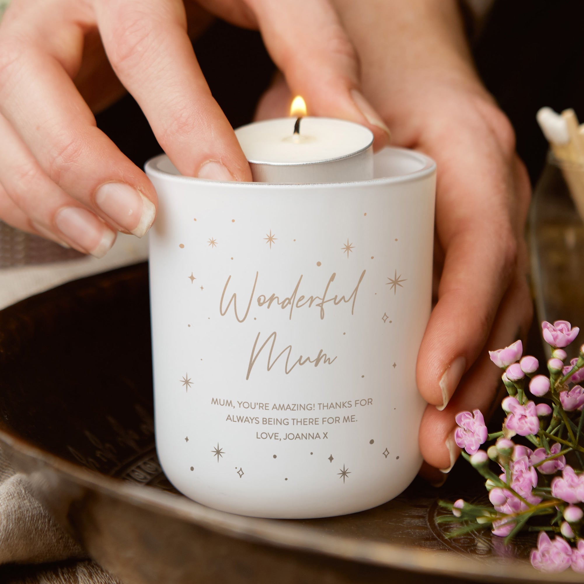 Birthday or Thank You Gift Wonderful Mum Tea Light Holder with Candles in Luxury Gift Box