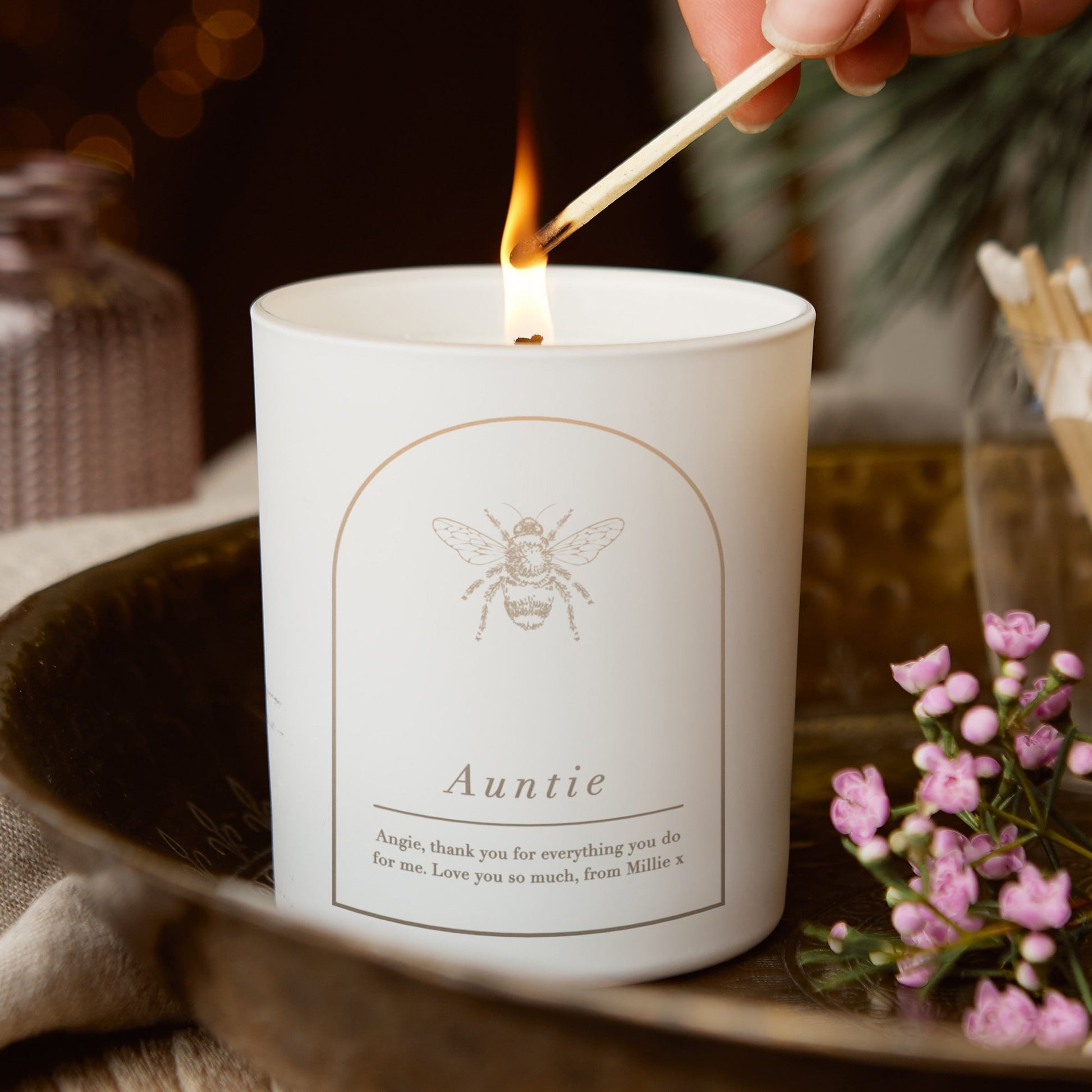 Auntie Christmas Gift Personalised Bee Candle - Kindred Fires