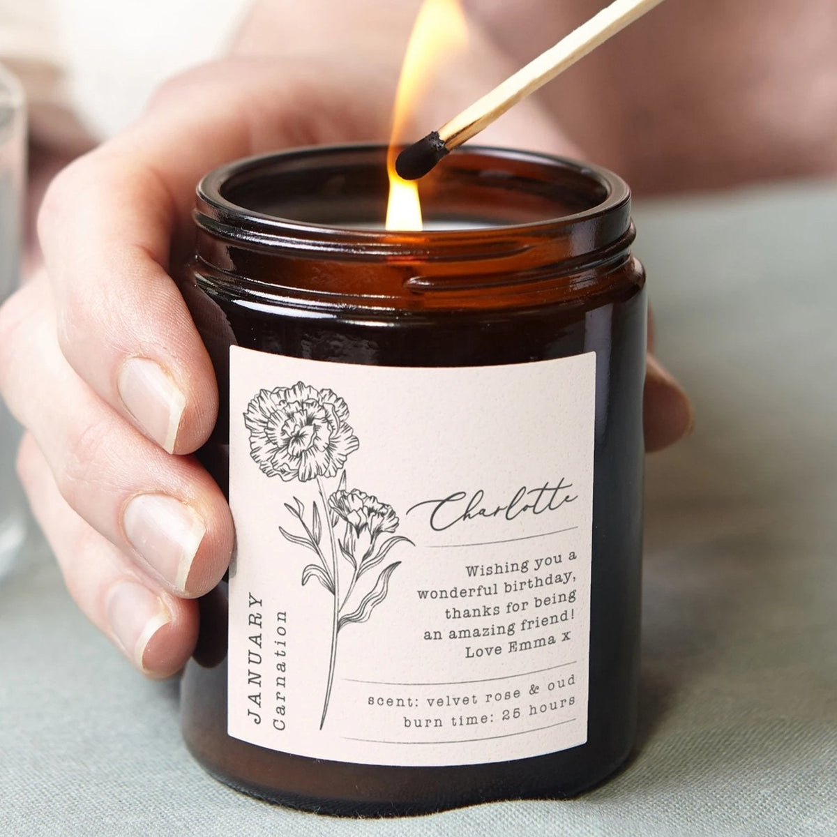 Birth Flower Birthday Gift Personalised Candle - Kindred Fires