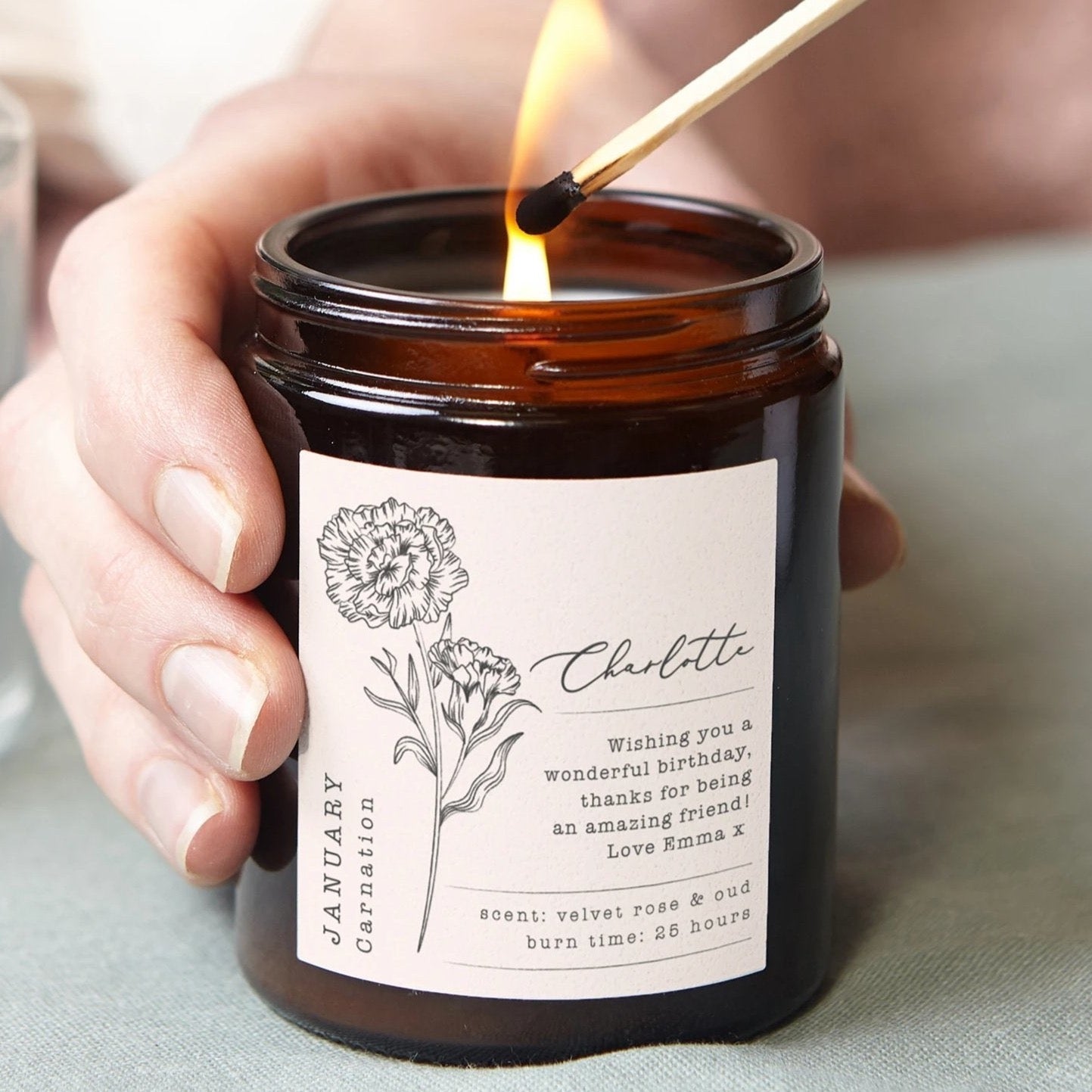 Birth Flower Birthday Gift Personalised Candle - Kindred Fires