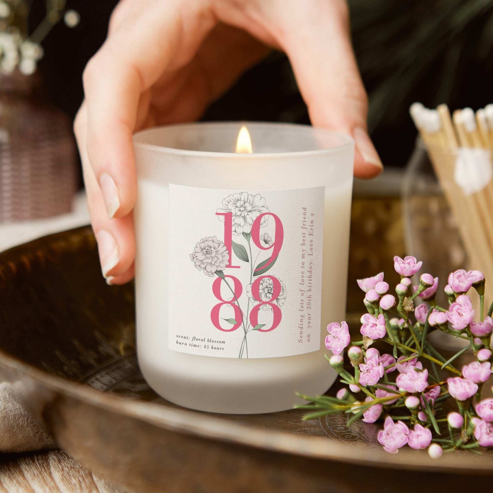Birth Year Birthday Gift Floral White Candle - Kindred Fires