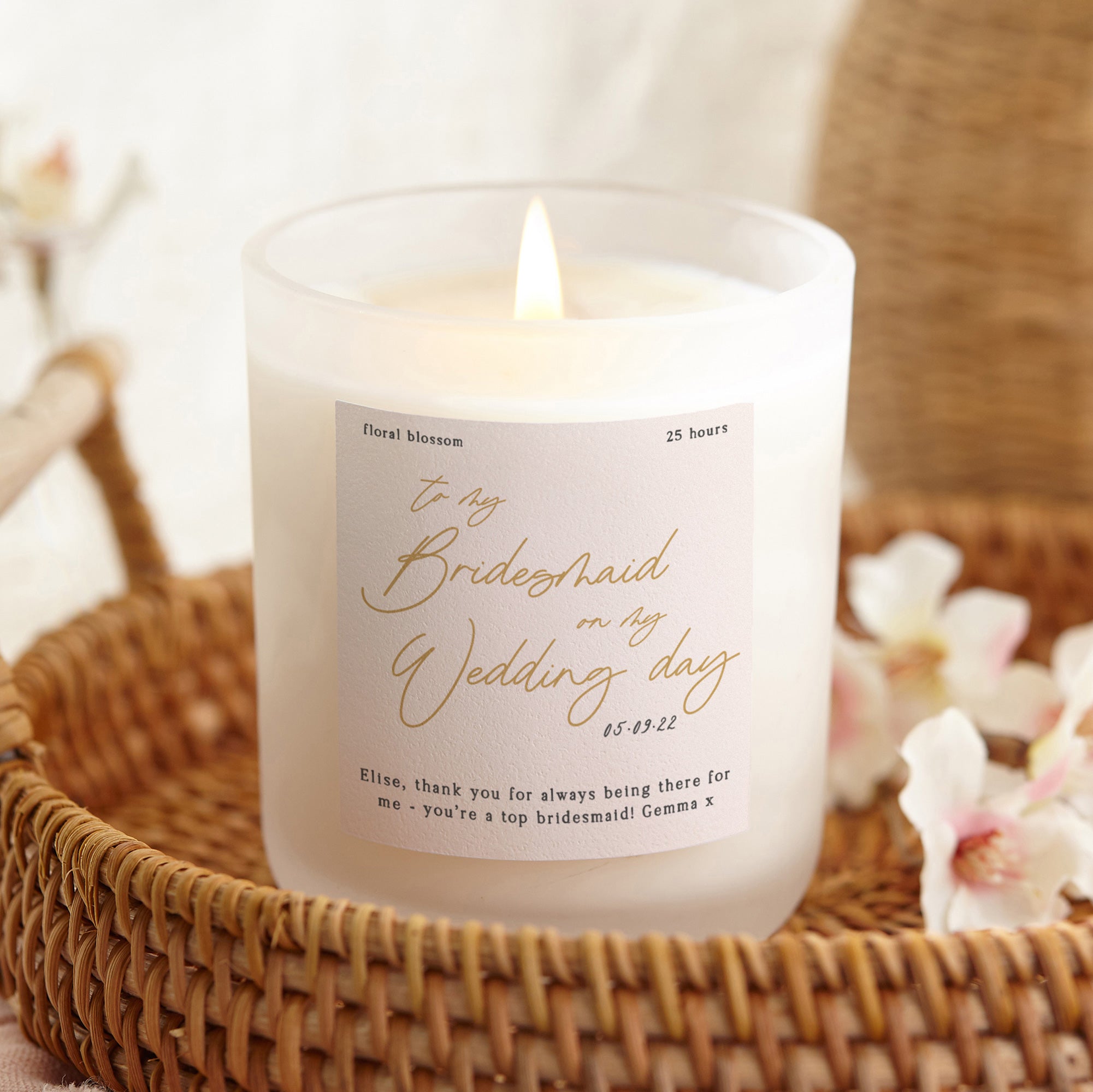 Bridesmaid Gift Blush Gold Script Candle - Kindred Fires