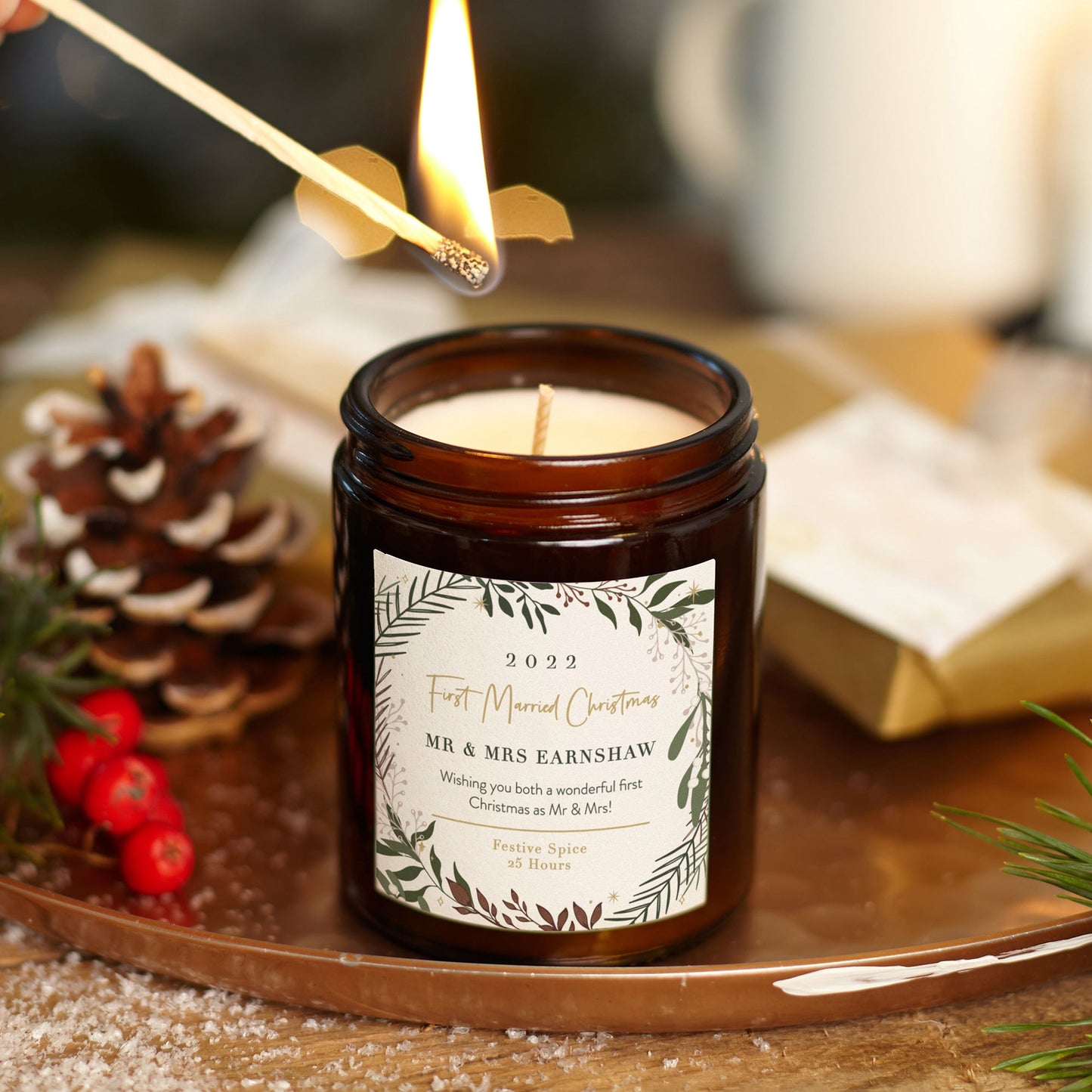 First Married Christmas Gift Personalised Botanical Candle