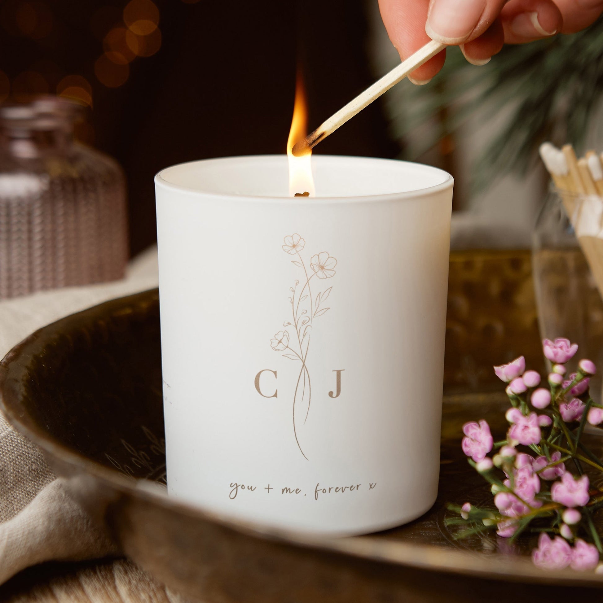Christmas Gift for Her Girlfriend Wife Personalised Candle Floral - Kindred Fires