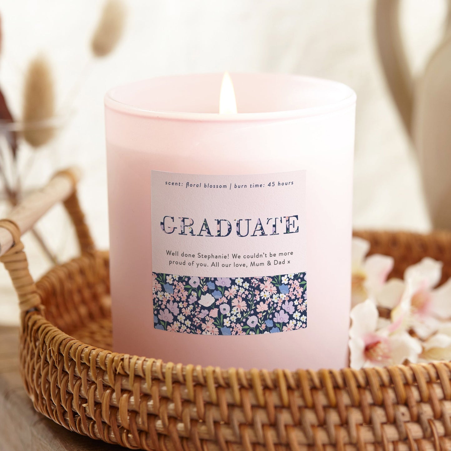 Graduation Gift Pink Floral Personalised Candle - Kindred Fires