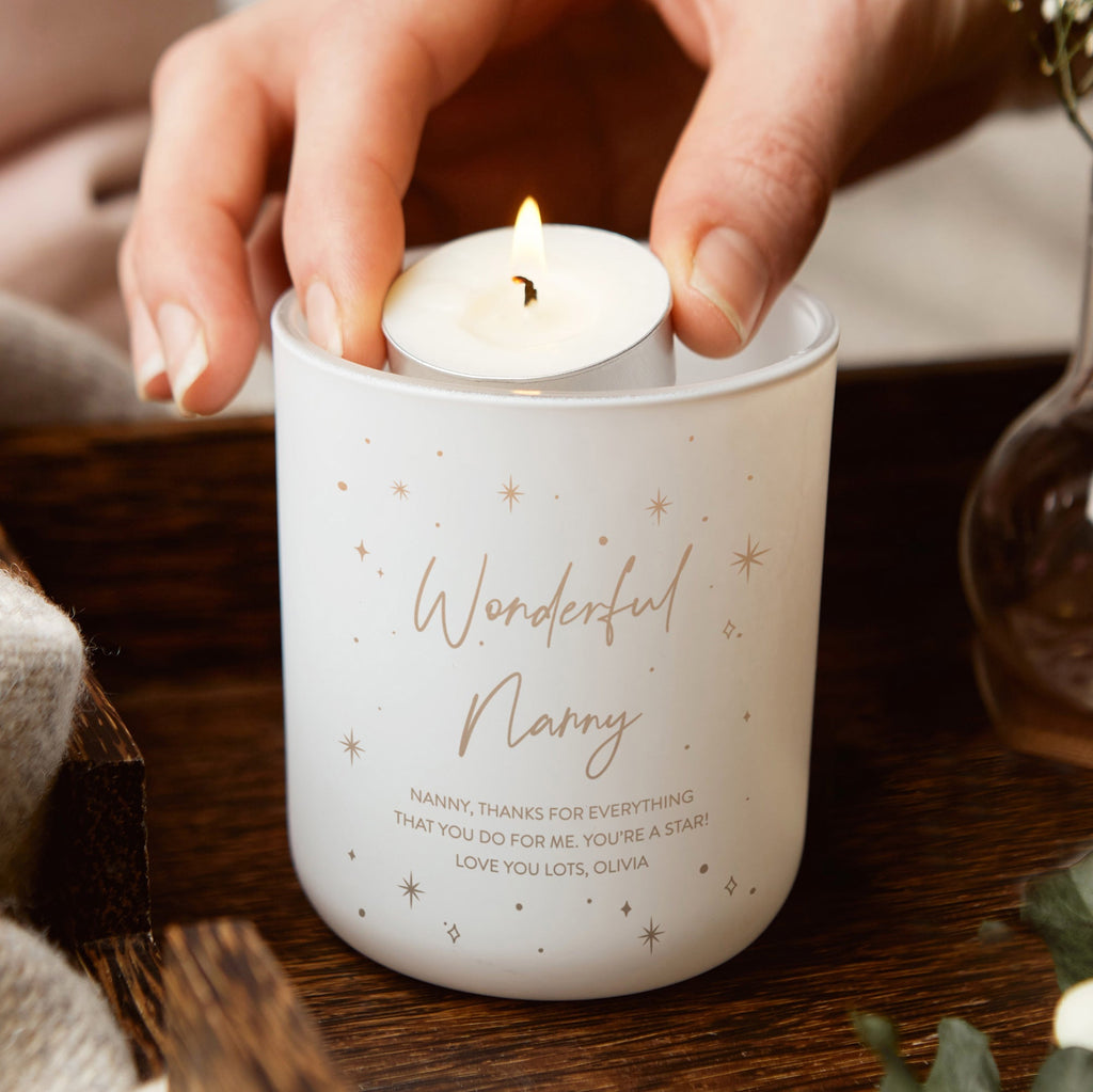 Nanny Christmas Gift Glow Through Tealight Holder with Candles - Kindred Fires