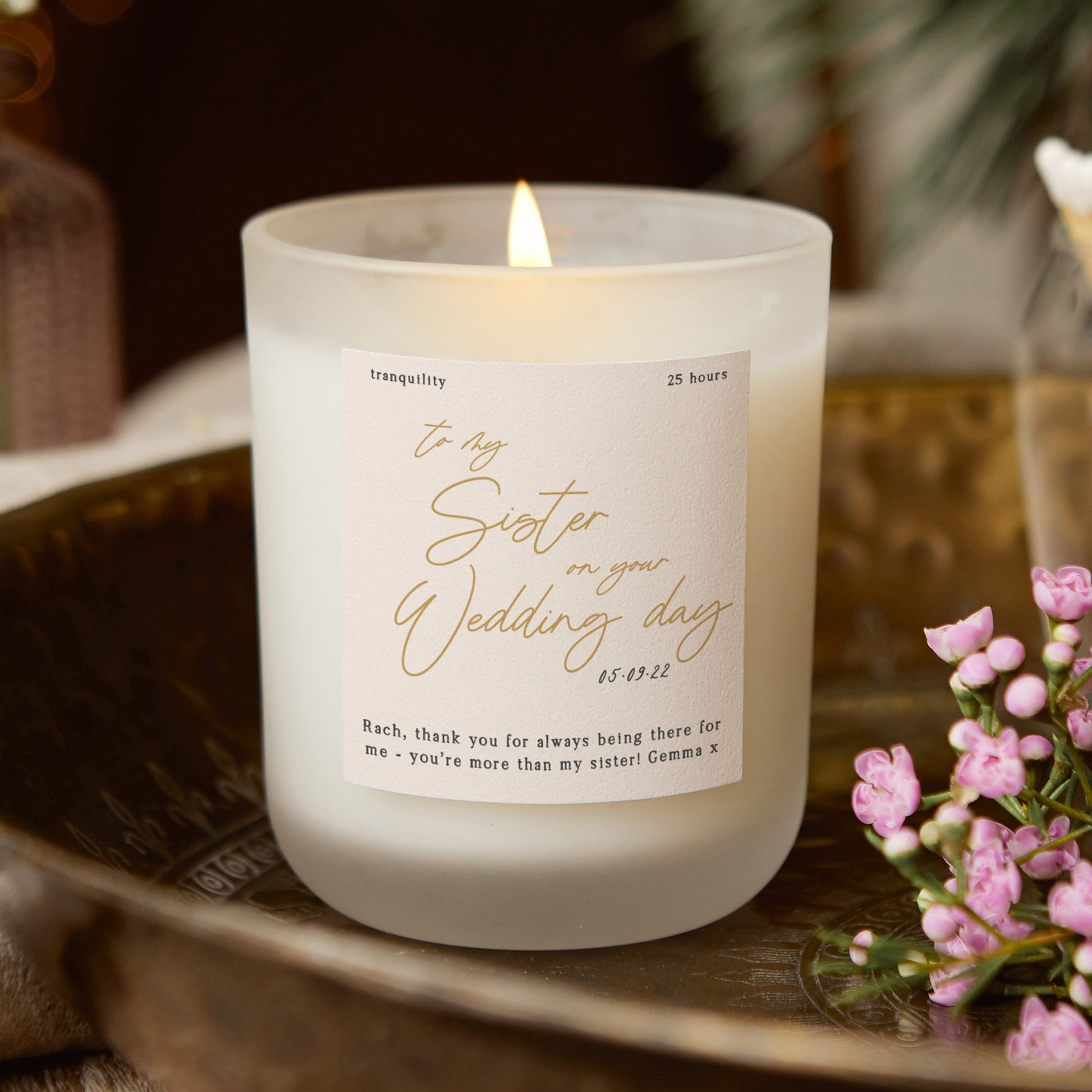 Sister Wedding Day Gift Gold Script Candle - Kindred Fires