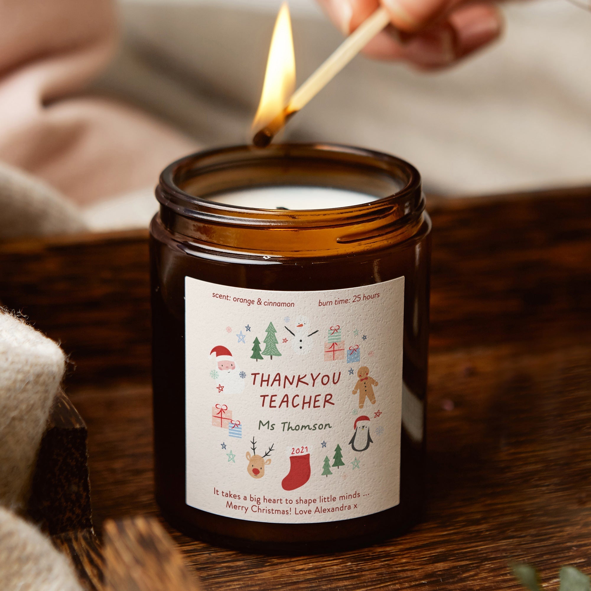 Teacher Christmas Gift Personalised Candle Christmas Wreath - Kindred Fires